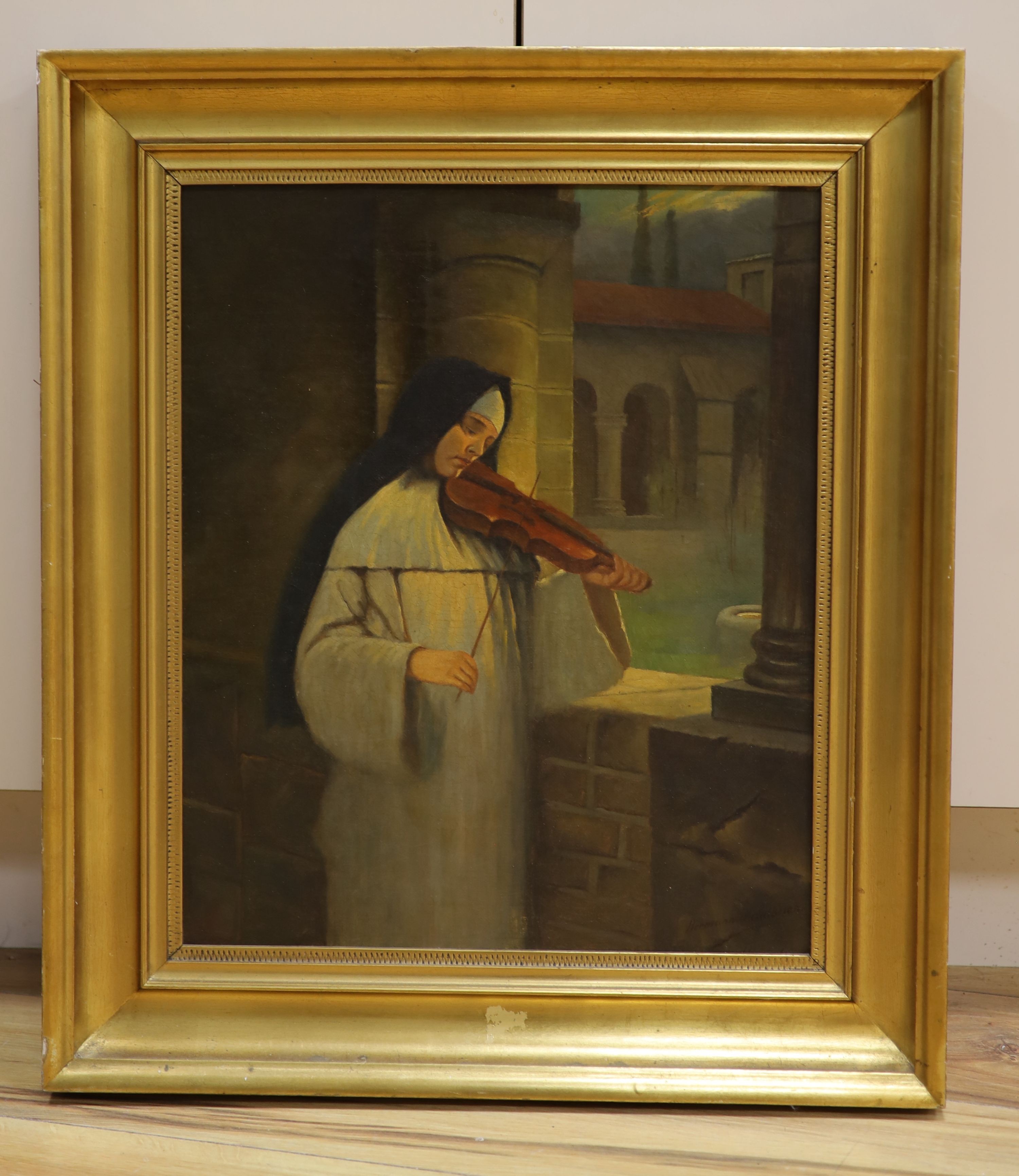 Hermann Kaulbach (1846-1909), oil on canvas, Nun playing a violin, signed, 46 x 38cm